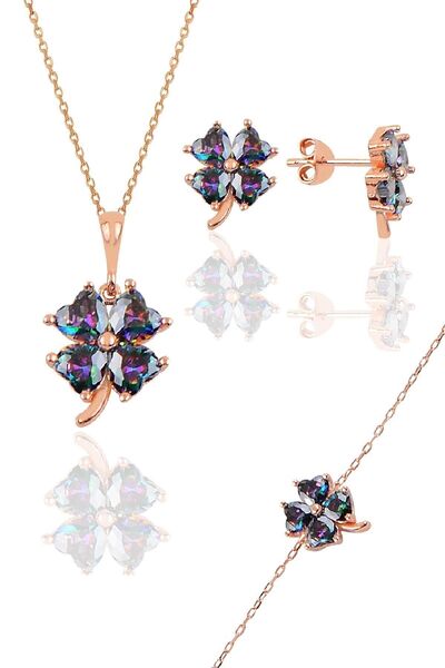 Söğütlü Silver Gümüş Rose Mistik Renkli Yonca Modeli Üçlü Set Sgtl10581mst