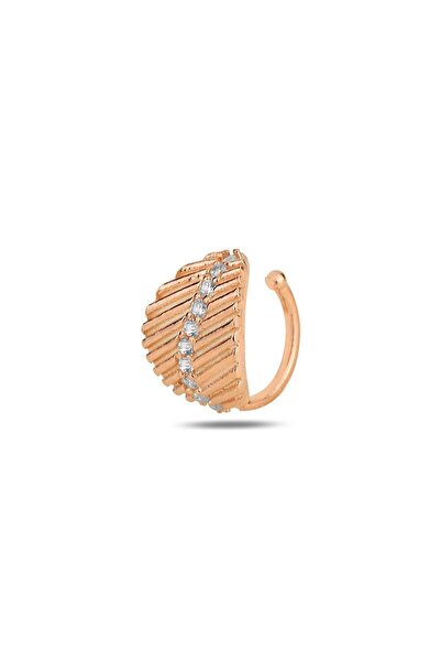 Söğütlü Silver Gümüş Rose Zirkon Taşlı Yaprak Modeli Sıkıştırmalı Kıkırdak Küpe Ear Cuff Sgtl11963beyaz