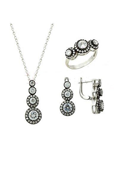 Söğütlü Silver Kadın Tria Elmas Montürlü Rodyumlu Üçlü Set Beyaz-19 set8463