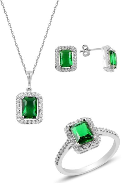 Söğütlü Silver Gümüş Rodyumlu Kök Zümrüt Baget Taşlı Üçlü Set Sgtl10733