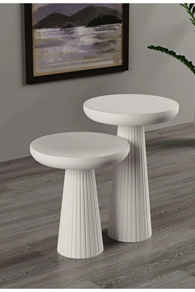 Simillo Home&Living Wood Wooden Ahşap 2’li Set Fitilli Mantar Beyaz Yan Sehpa...