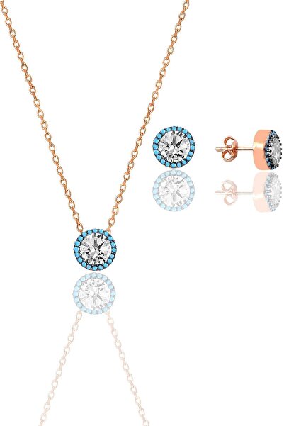 Söğütlü Silver Gümüş rose nano turkuaz ve zirkon taşlı pırlanta montür kolye ...