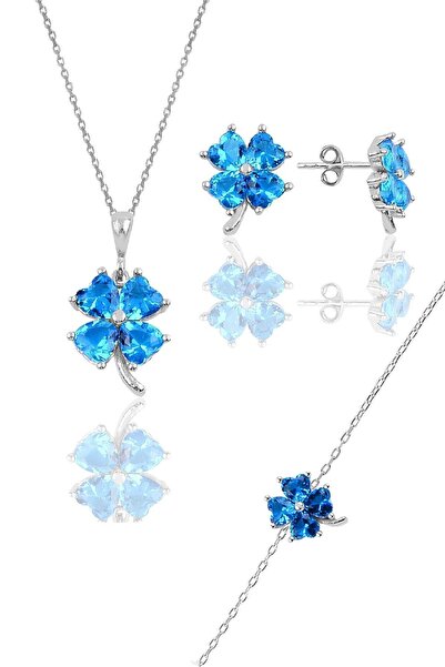 Söğütlü Silver Gümüş Rodyumlu Akuamarin Renkli Yonca Modeli Üçlü Set Sgtl1058...
