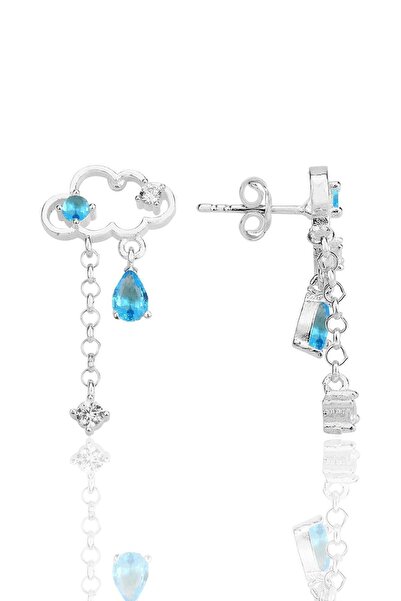 Söğütlü Silver Gümüş rodyumlu akuamarin ve zirkon taşlı bulut küpe SGTL12346RODAJ