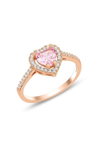 Söğütlü Silver Gümüş rose pembe taşlı pırlanta montürlü Kalp modeli yüzük SGT...