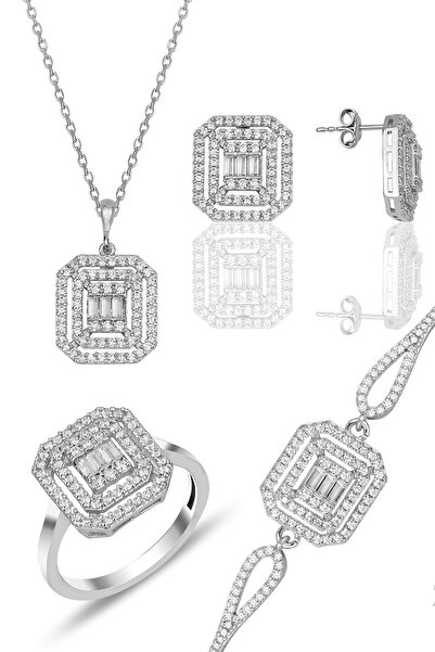 Söğütlü Silver Gümüş Rodyumlu Pırlanta Montürlü Taşlı Baget Dörtlü Set Sgtl11924