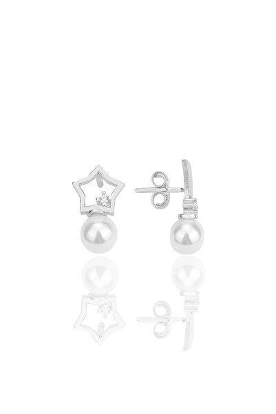 Söğütlü Silver Gümüş rodyumlu zirkon taşlı incili ay yıldız kombin küpe SGTL12259RODAJ