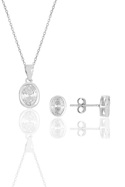 Söğütlü Silver Gümüş Rodyumlu Oval Kesim Zirkon Taşlı Kolye Kupe Ikili Set.. ...