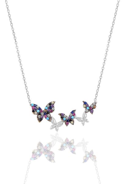 Söğütlü Silver Gümüş Renkli Rodyumlu Uçuşan Kelebekler Kolye Sgtl9301rodaj