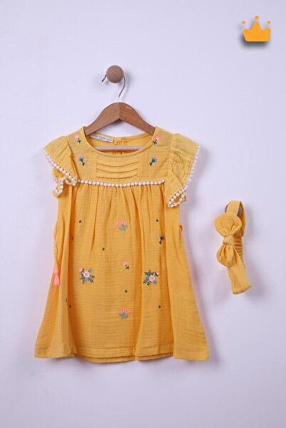 Babyhola %100 Pamuk Kız Bebek Çocuk Çiçek Nakışlı Bandanalı Elbise 4949