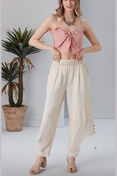 AYASOFYA OTANTIK Women's Beige Mesh and Button Detailed Linen Trousers