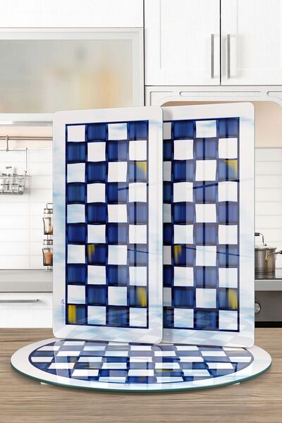 Decovetro MacKenzie 3-Piece Round Set - Glass Presentation Service, Blue and White Plate