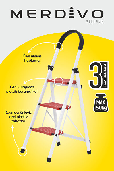 VİLİNZE Merdivo 3 Geniş Basamaklı Metal Ev Ofis Merdiven 150 Kg Taşıma Kapasi...