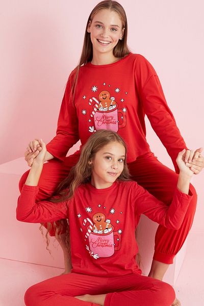 Siyah İnci New Year's Red Themed Printed Cotton Pajamas Set - 7787
