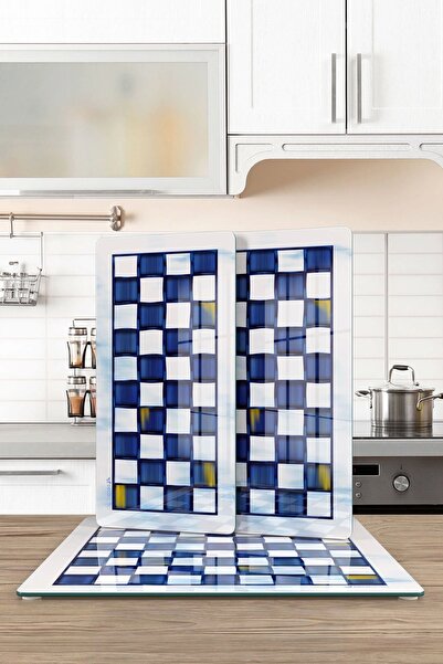 Decovetro MacKenzie 3-Piece Square Set - Glass Presentation Serving, Blue and White Plate