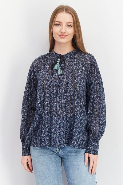 Joie Women Tie Neck Long Sleeve Allover Print Top, Blue Combo