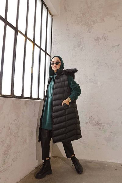 ARL Fashion Hooded Long Puffer Vest with Fur Detail