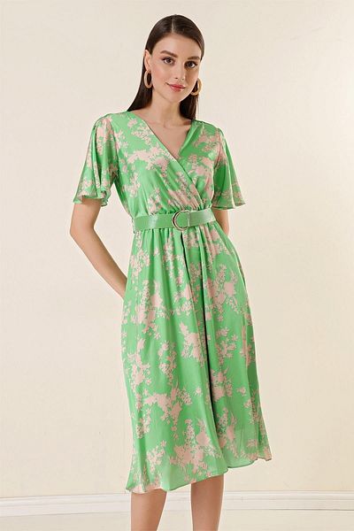 By Saygı Fata Spate Decolteu Dublu Piept Captusit Rochie Satin Floral Verde