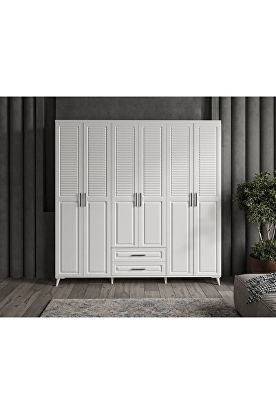 GuneyStore Ücretsiz Montaj Sanat 6 Kapaklı Komple Mdf Beyaz Gardırop