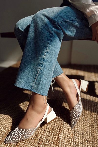 POLKA STORE Pantofi Mary Jane pentru damă, cu detaliu de piatră transparentă, perlat, spate deschis, elastic, cu toc bloc scurt