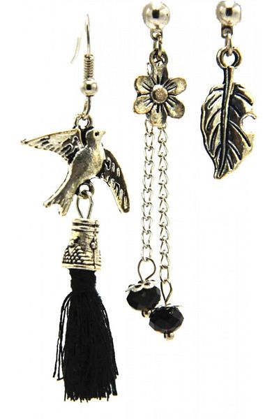 AKIN AKSESUAR HEDİYELİK 3-Piece Tasseled Authentic Bird - Leaf Flower Figured Earrings