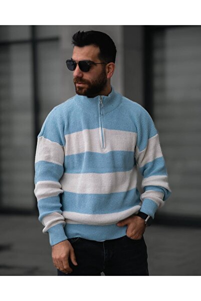 mayastyle мъжки плетен пуловер с дебели ивици, цип и висока яка