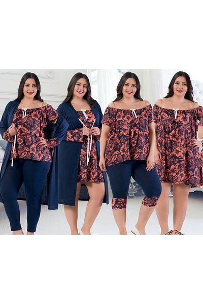 JENİKA Plus Size Women's Nightgown and Dressing Gown Set - 7 Pieces