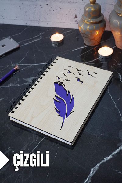 markcat Wooden Covered Lined Notebook - Bird Feather Themed Agenda and School Notebook (A5 - 120 Pages)