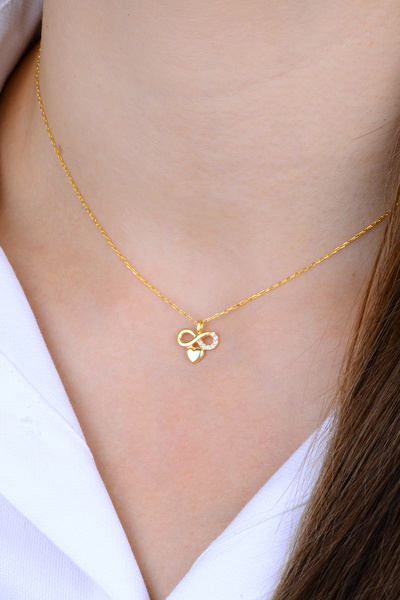 KAR DİAMOND 14 Ayar Altın Zincirli Sonsuzluk Kalp Modeli Kolye - Sertifikalı Işıklı Kutuda