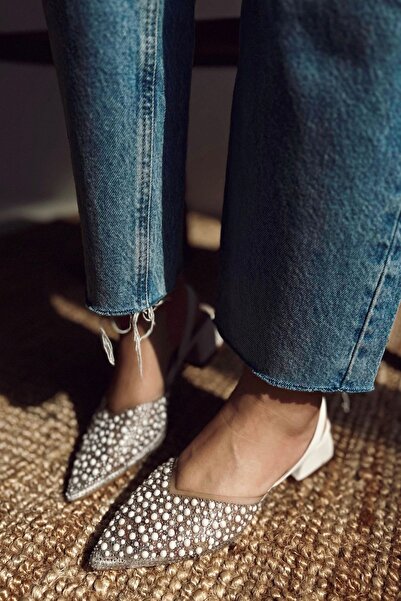 POLKA STORE Pantofi Mary Jane pentru damă, cu detaliu de piatră transparentă, perlat, spate deschis, elastic, cu toc bloc scurt