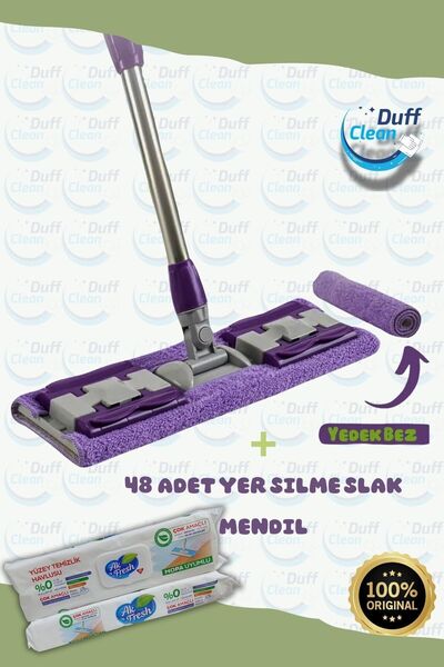 DUFF CLEAN Cam Silme Mopu Mikrofiber Yedek Bezli Yer Duvar Fayans Silme Yanında 48 Adet Yer Silme Islak mendil
