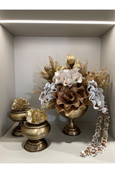 TASARIMHMODA Yapay Çiçekli Antik Yuvarlak Vazo 3 Parça Set No:2