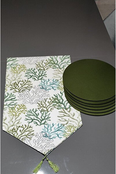 YSHOME Yeşil Mercan Desenli Amerikan Servis Runner 6 Kişilik Supla Takımı