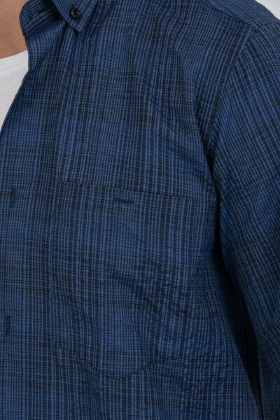 Varetta Navy Blue Men's Short Sleeve Striped Collar Buttoned Pocket Shirt