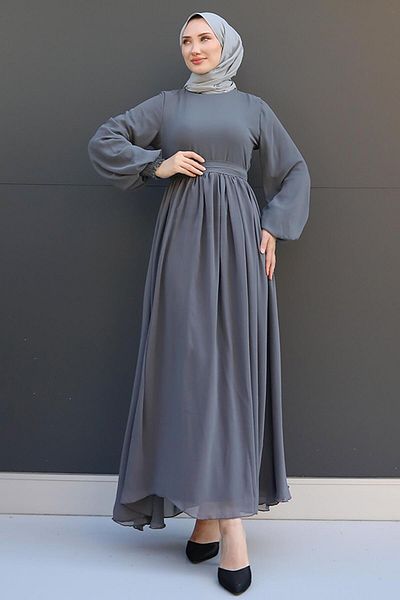 GİZ AGİYİM Γκρι Hijab Chiffon φόρεμα - Nare