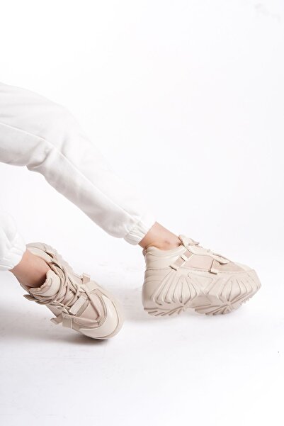 Limeo Κρεμ δερμάτινο κορδόνι με ψηλή σόλα Casual γυναικεία αθλητικά παπούτσια