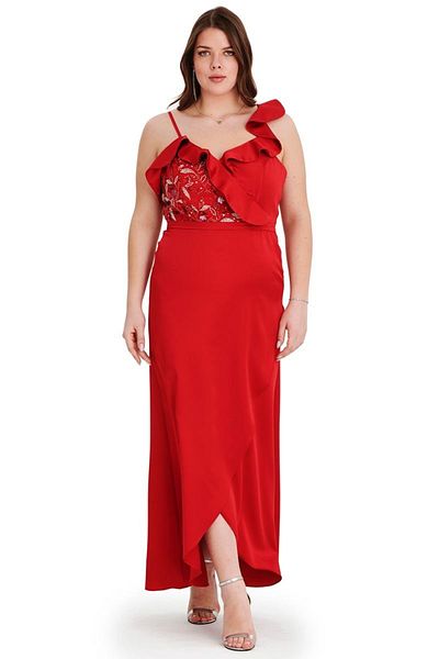 EVEN plus size Plus Size Red Satin Evening Dress - Wraped Collar Dress