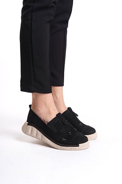 Limeo Black Suede Hole Detailed High Sole Daily Women's Casual Sports Shoes