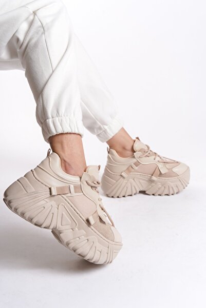 Limeo Κρεμ δερμάτινο κορδόνι με ψηλή σόλα Casual γυναικεία αθλητικά παπούτσια
