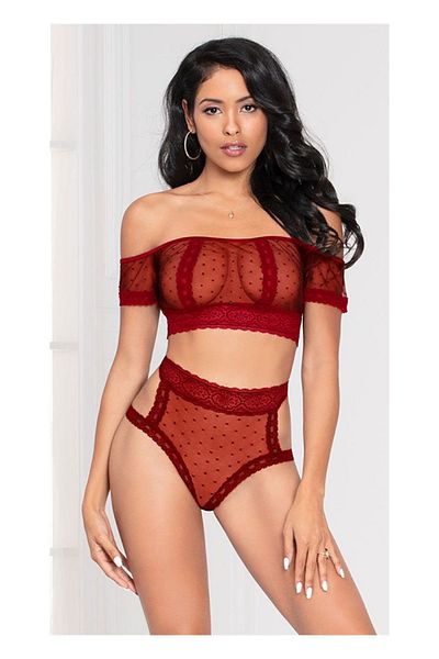 randevu Lacy Polka Dot Tulle Boat Neck Bustier Panty Set Nightgown