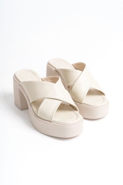 Limeo Cream Summer Women's Slippers Sandals - High Side Buckle and Cross Stripe Wedge Sole