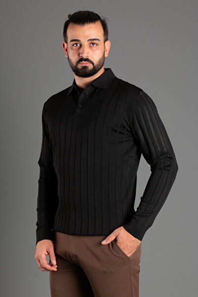 ZEKİ ÖZER Ανδρικό μαύρο πουλόβερ Polo - Textured Striped