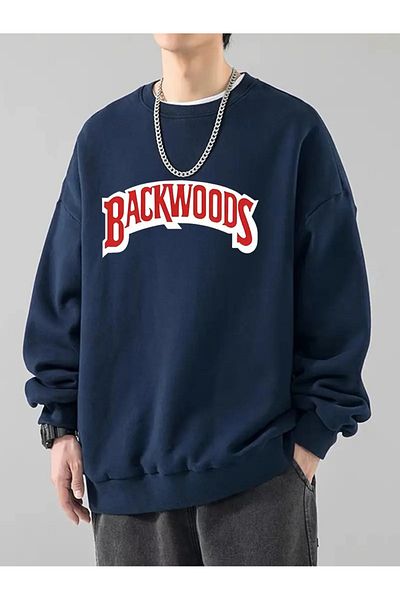PALPİTO Мъжки суитшърт с щампа BackWoods, тъмносин, голям размер - с кръгло деколте