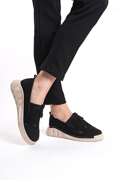 Limeo Black Suede Hole Detailed High Sole Daily Women's Casual Sports Shoes