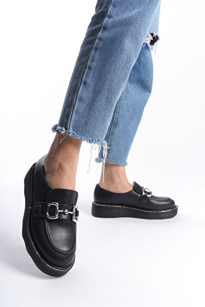 Limeo Черен преден метален детайл с лъскави раирани ежедневни мокасини с високи подметки