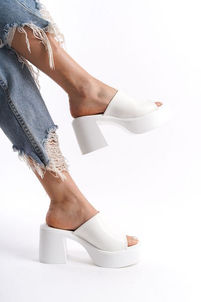 Limeo White High Wedge Heeled Faux Leather Single Thick Stripe Open Front Summer Women's Slippers Sandals