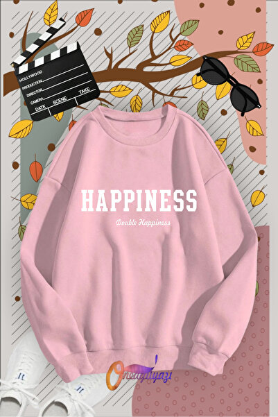 oneagılyazı Φούτερ HAPPİNESS Λευκό Β με τύπωμα με λαιμόκοψη ποδηλάτου