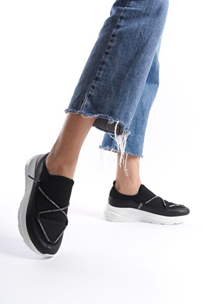 Limeo Black High Sole Comfortable Soft Shiny Stripe Detailed Women's Casual Sports Walking Shoes Sneakers