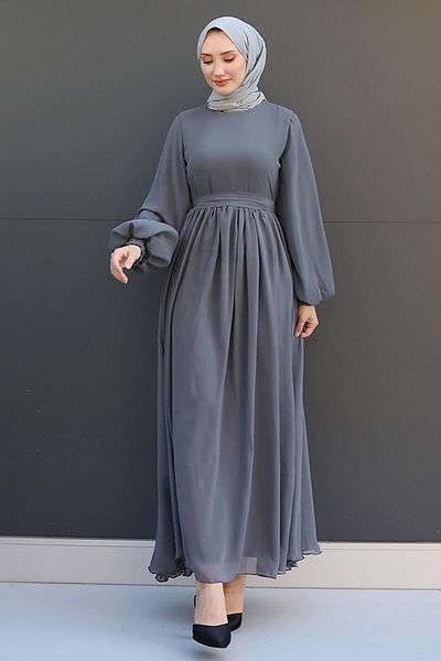 GİZ AGİYİM Γκρι Hijab Chiffon φόρεμα - Nare