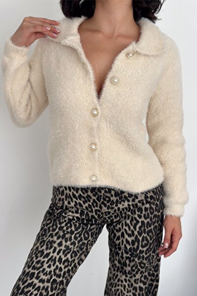 FEMELLE Polo Collar Cream Knitwear Cardigan - Bearded, Standard Size, Button Detailed